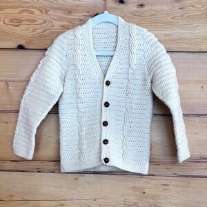 Vintage Cotton Crochet Cardigan Toddler Large Cream Cable Knit Leather Buttons